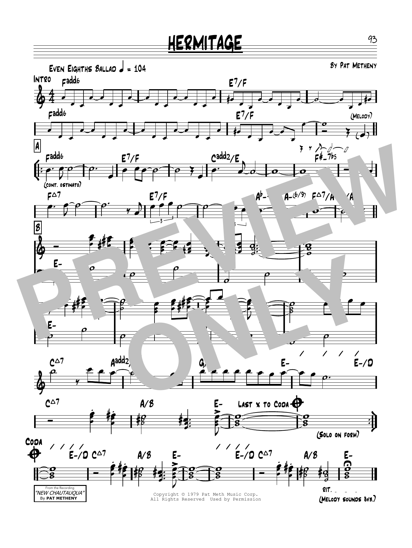 Learn to play Pat Metheny Hermitage sheet music for Real Book – Melody & Chords in minutes. Price: 5.9900$ Pat Metheny Hermitage sheet music notes and chords arranged for Real Book – Melody & Chords