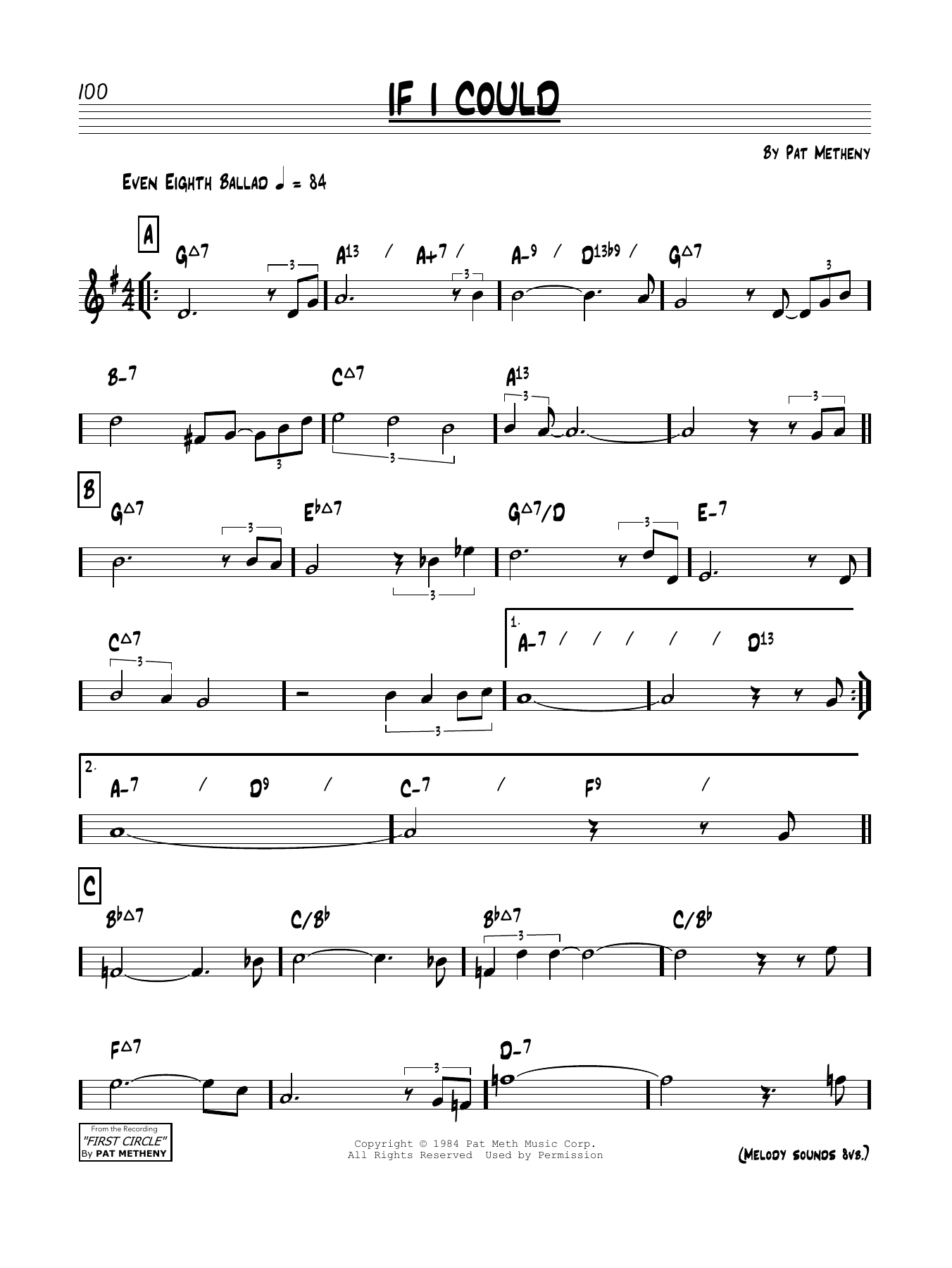 Learn to play Pat Metheny If I Could sheet music for Real Book – Melody & Chords in minutes. Price: 5.9900$ Pat Metheny If I Could sheet music notes and chords arranged for Real Book – Melody & Chords