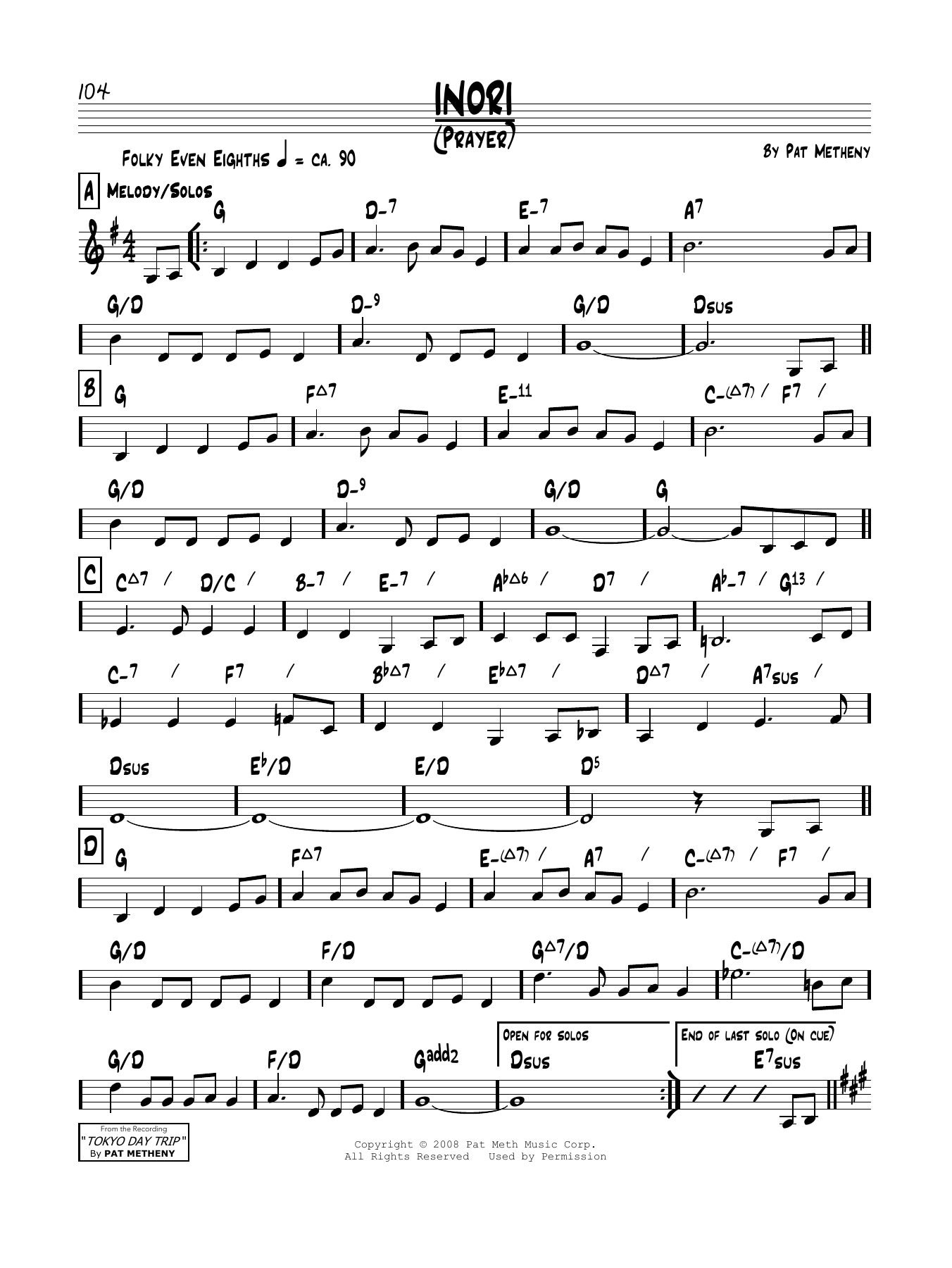 Pat Metheny Inori sheet music notes and chords arranged for Real Book – Melody & Chords