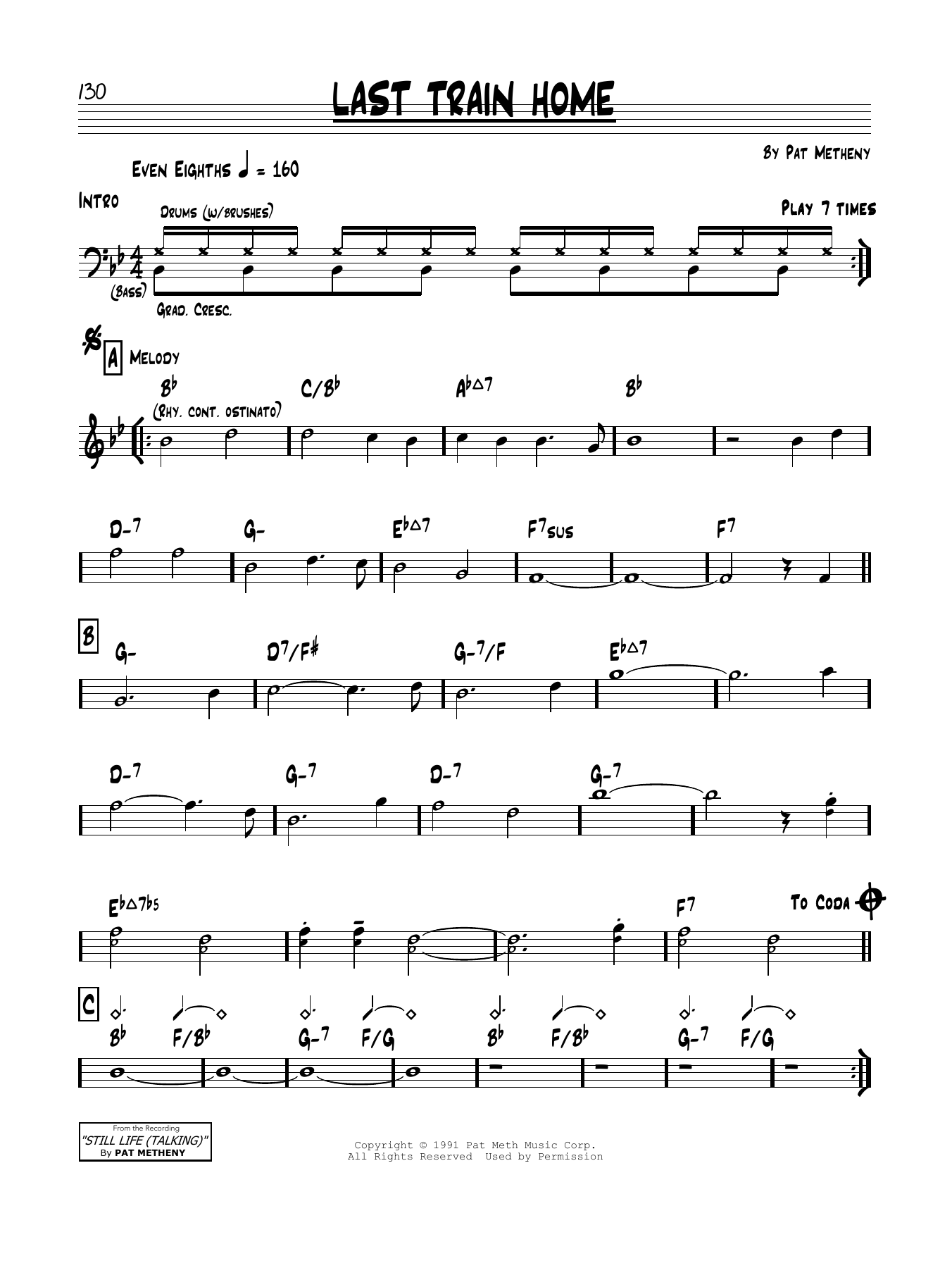 Pat Metheny Last Train Home sheet music notes and chords. Download Printable PDF.