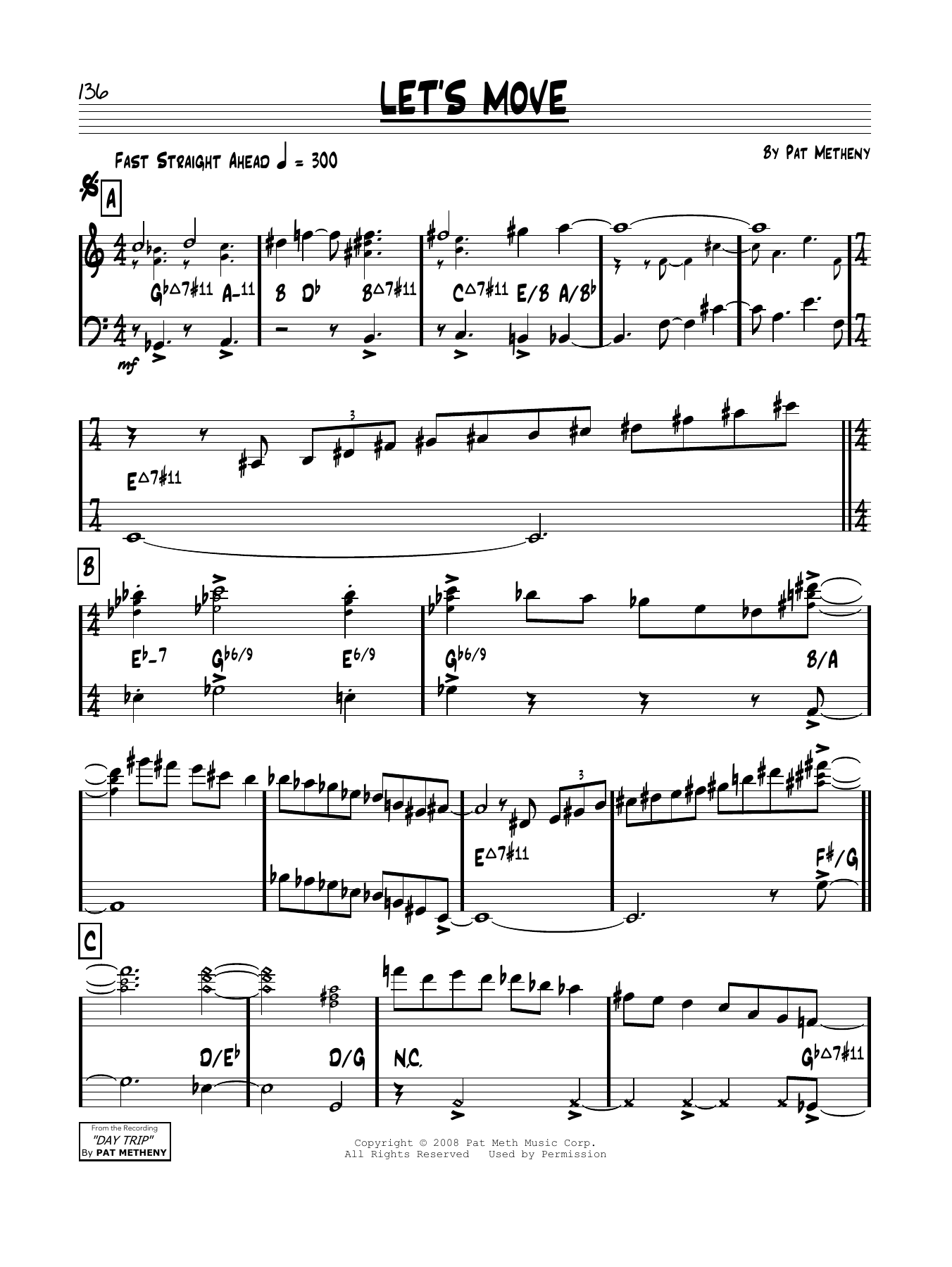 Learn to play Pat Metheny Let's Move sheet music for Real Book – Melody & Chords in minutes. Price: 5.9900$ Pat Metheny Let's Move sheet music notes and chords arranged for Real Book – Melody & Chords