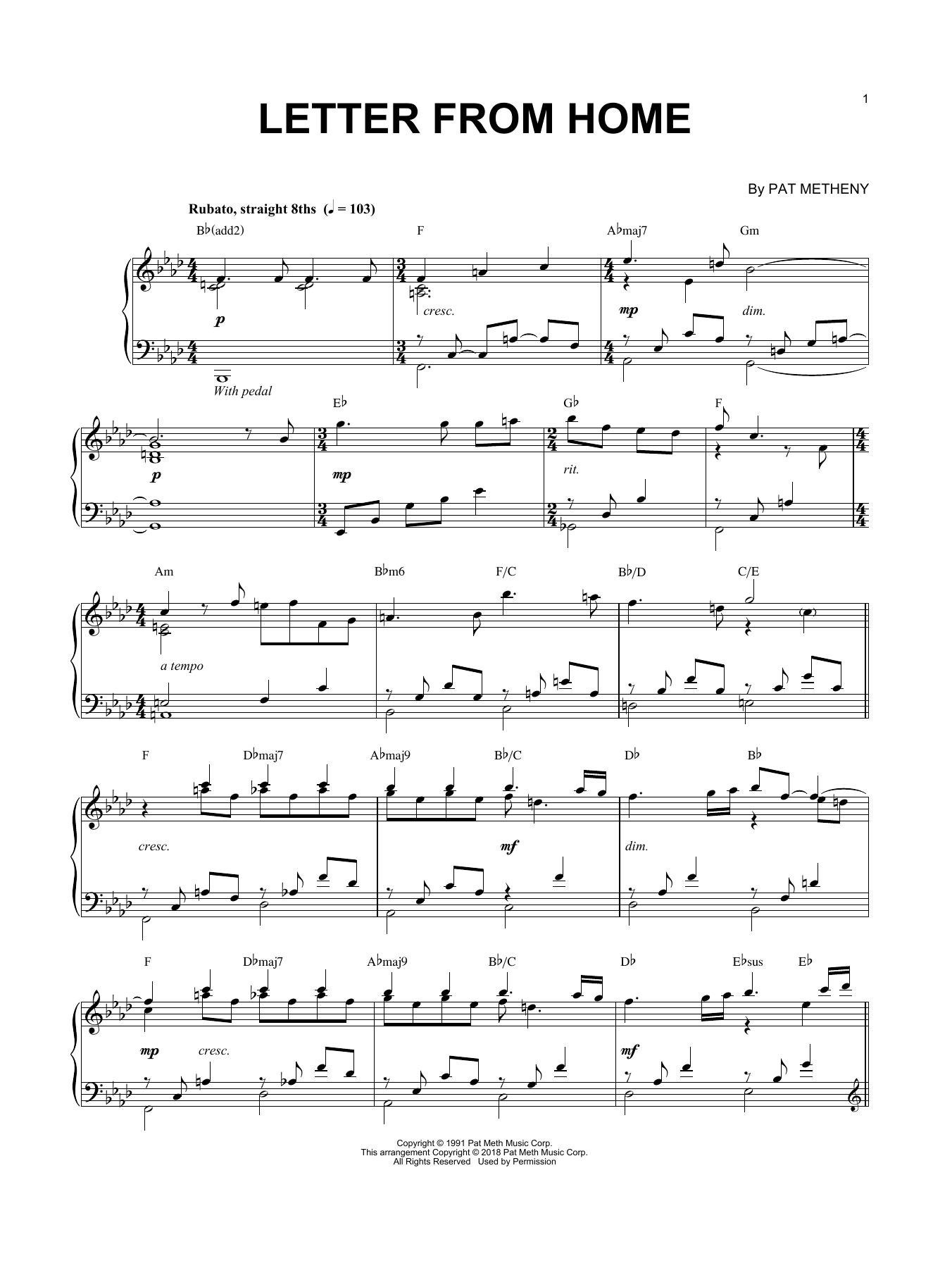 Pat Metheny Letter From Home sheet music notes and chords. Download Printable PDF.