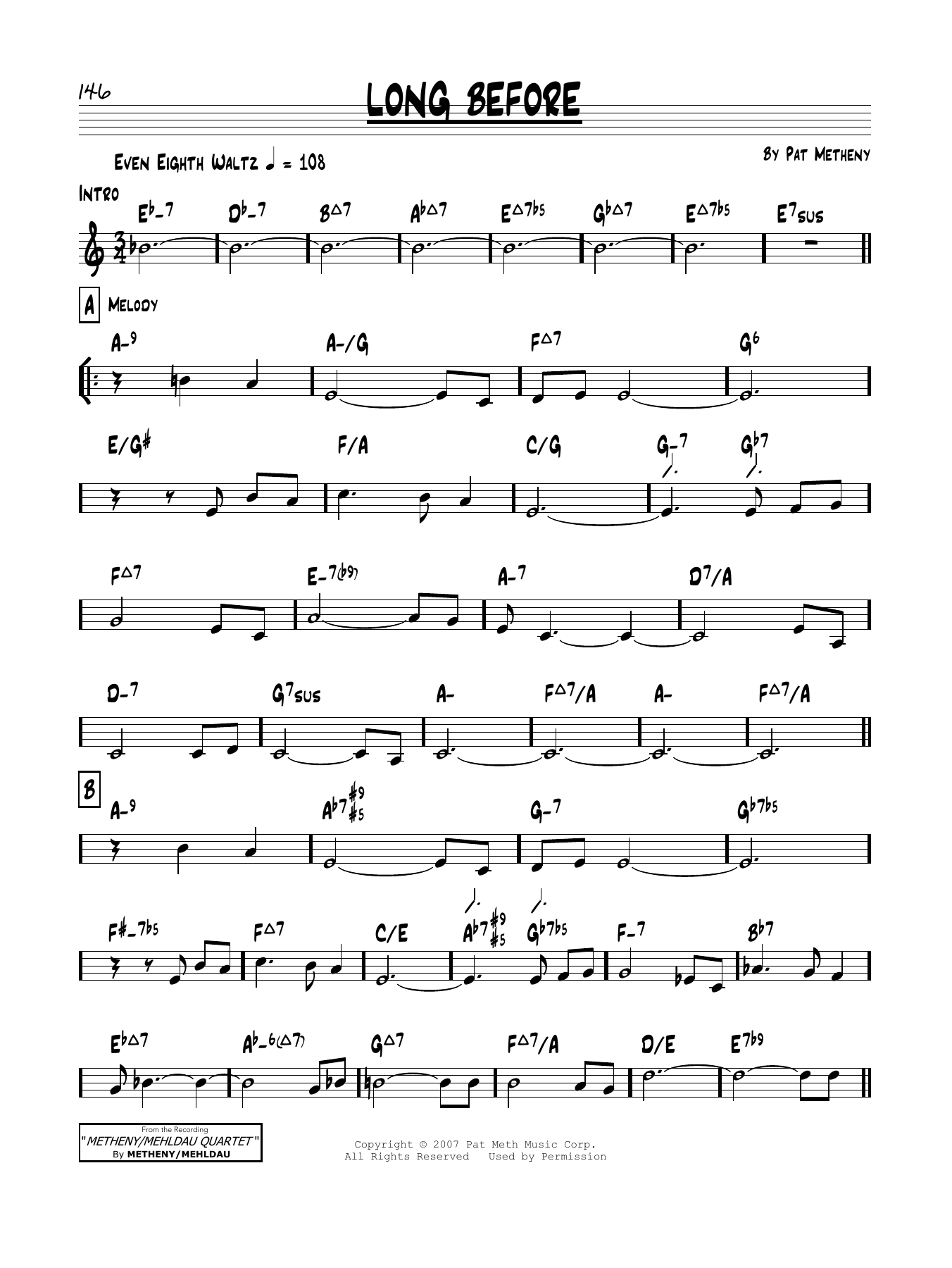 Pat Metheny Long Before sheet music notes and chords arranged for Real Book – Melody & Chords