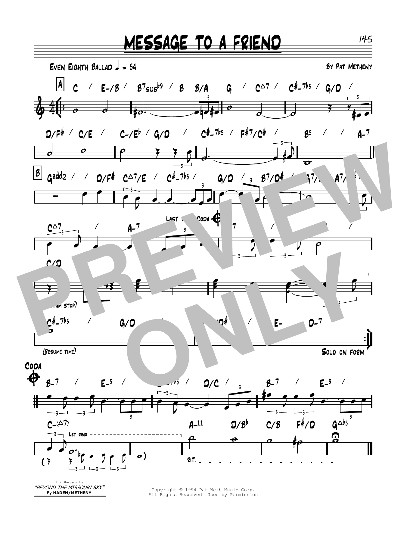 Pat Metheny Message To A Friend sheet music notes and chords. Download Printable PDF.