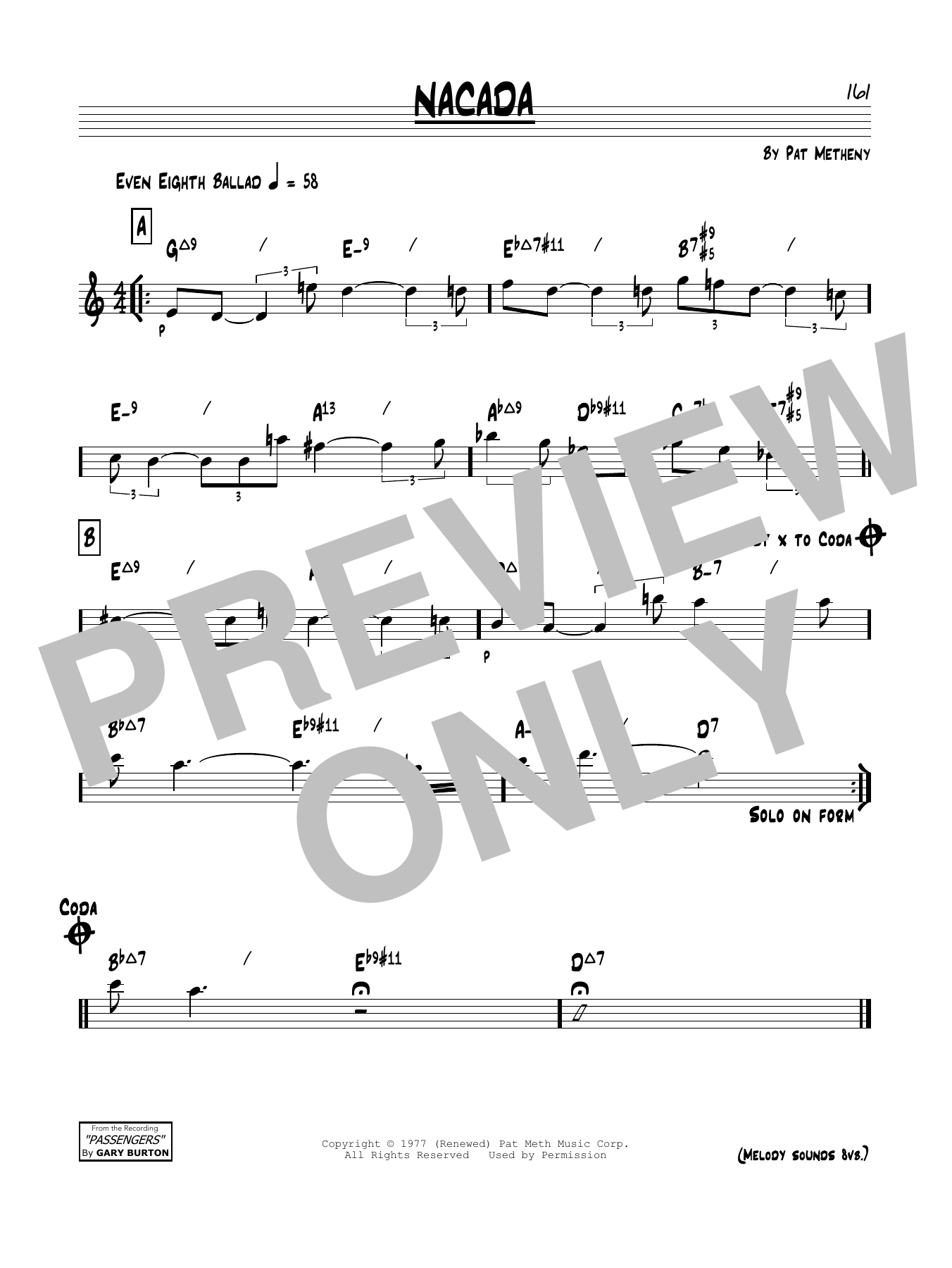 Pat Metheny Nacada sheet music notes and chords arranged for Real Book – Melody & Chords
