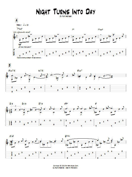 Learn to play Pat Metheny Night Turns Into Day sheet music for Real Book – Melody & Chords in minutes. Price: 5.9900$ Pat Metheny Night Turns Into Day sheet music notes and chords arranged for Real Book – Melody & Chords