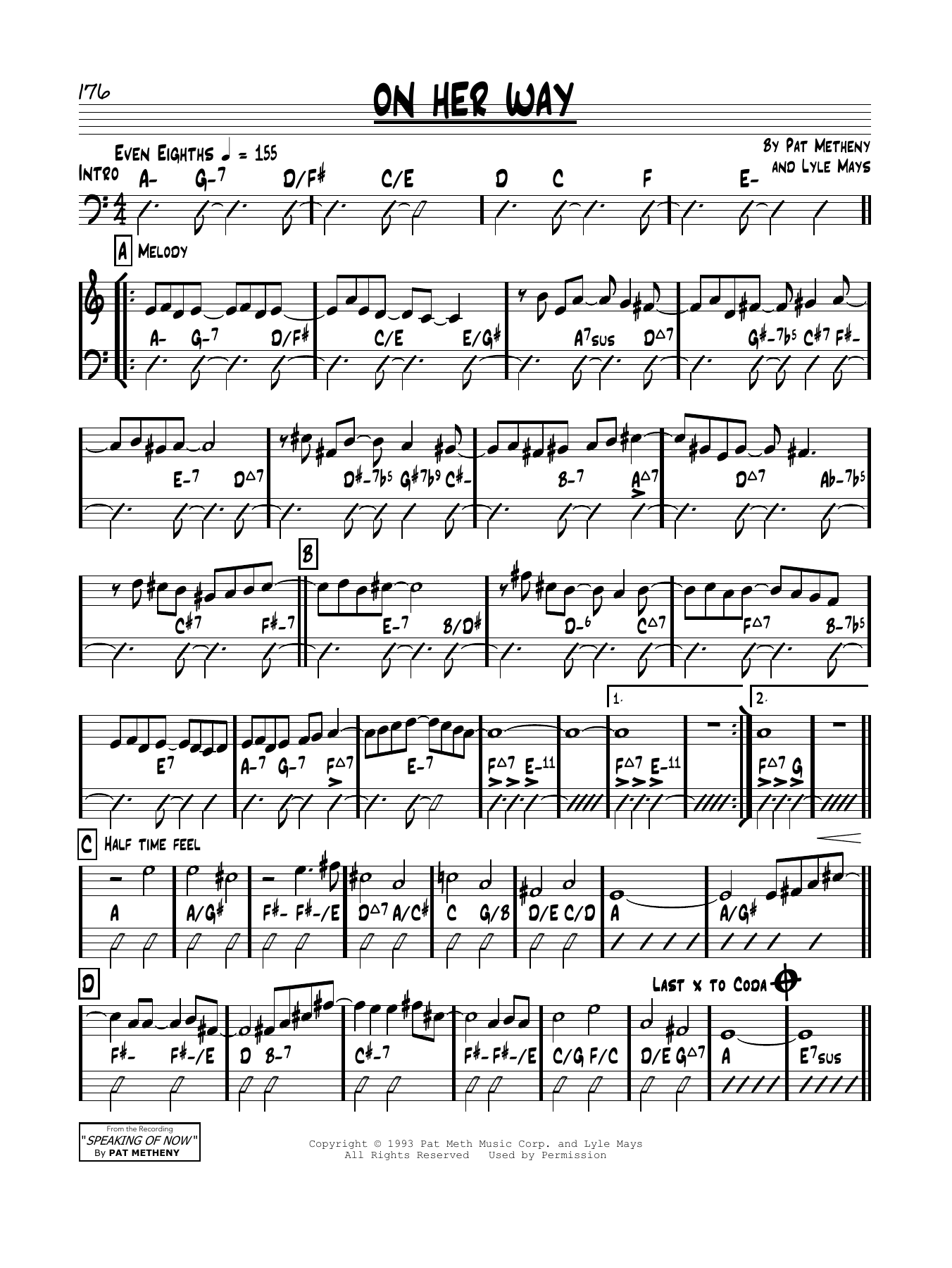 Learn to play Pat Metheny On Her Way sheet music for Real Book – Melody & Chords in minutes. Price: 5.9900$ Pat Metheny On Her Way sheet music notes and chords arranged for Real Book – Melody & Chords