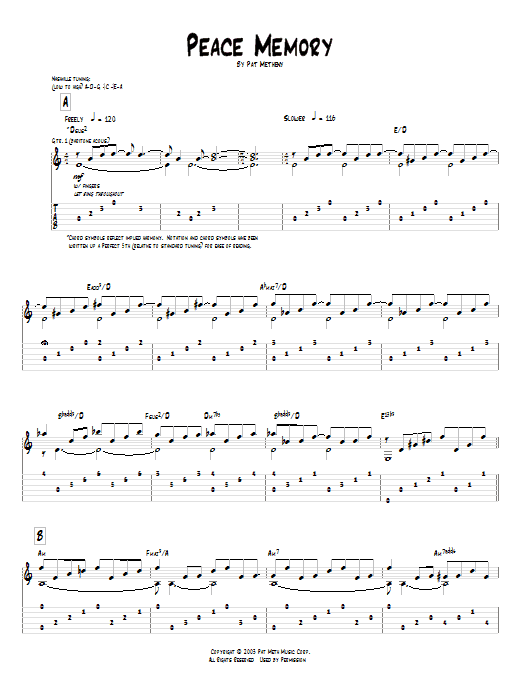 Learn to play Pat Metheny Peace Memory sheet music for Guitar Tab in minutes. Price: 7.8900$ Pat Metheny Peace Memory sheet music notes and chords arranged for Guitar Tab
