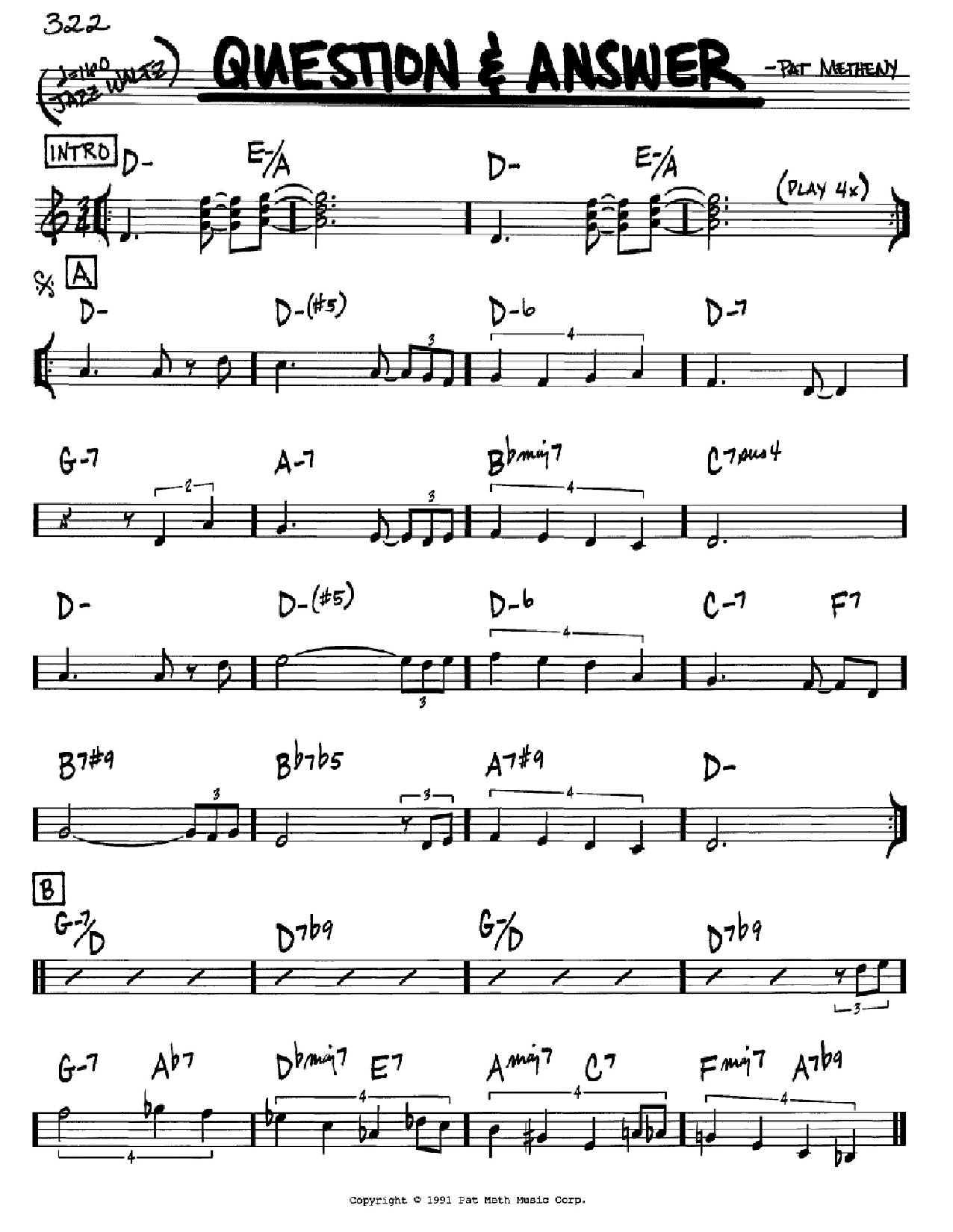 Pat Metheny Question & Answer sheet music notes and chords. Download Printable PDF.