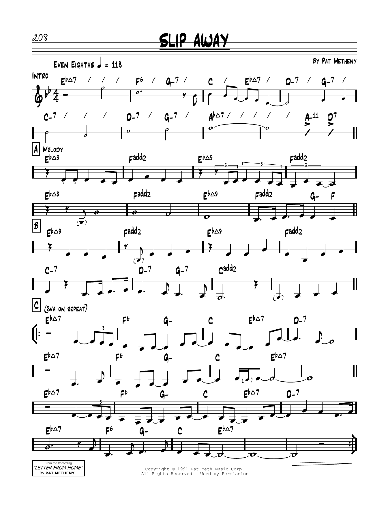Learn to play Pat Metheny Slip Away sheet music for Real Book – Melody & Chords in minutes. Price: 5.9900$ Pat Metheny Slip Away sheet music notes and chords arranged for Real Book – Melody & Chords