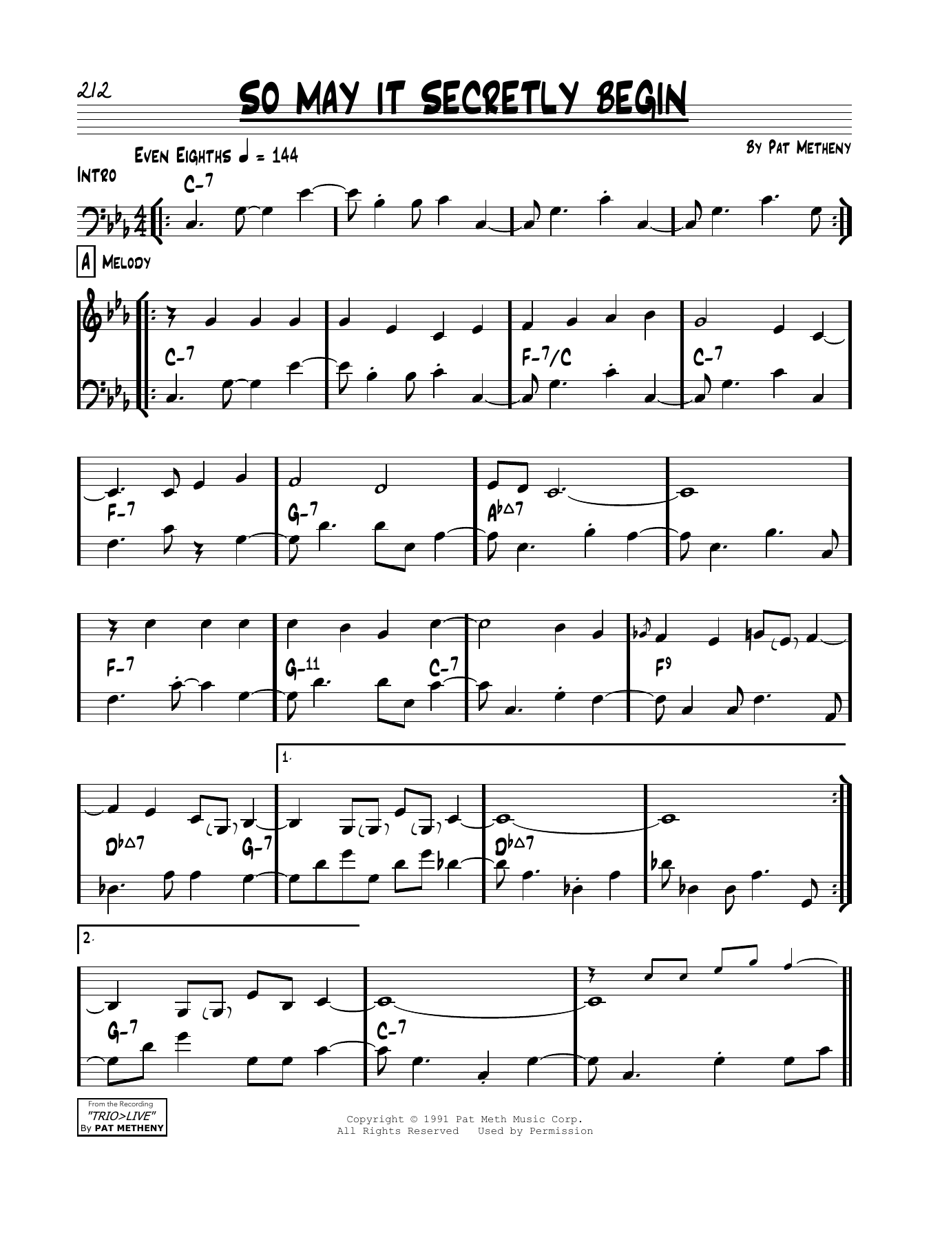 Pat Metheny So May It Secretly Begin sheet music notes and chords. Download Printable PDF.