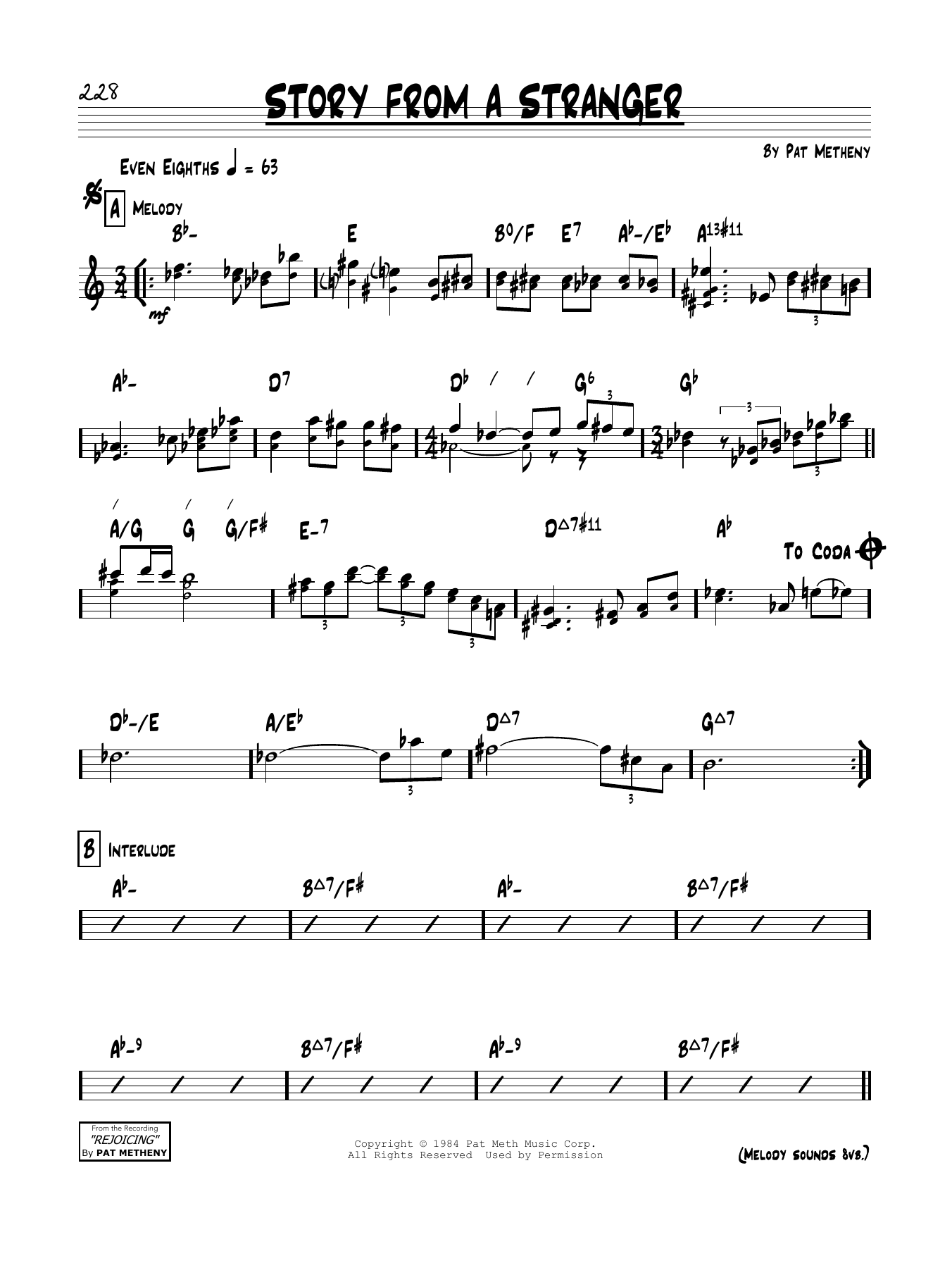 Learn to play Pat Metheny Story From A Stranger sheet music for Real Book – Melody & Chords in minutes. Price: 5.9900$ Pat Metheny Story From A Stranger sheet music notes and chords arranged for Real Book – Melody & Chords