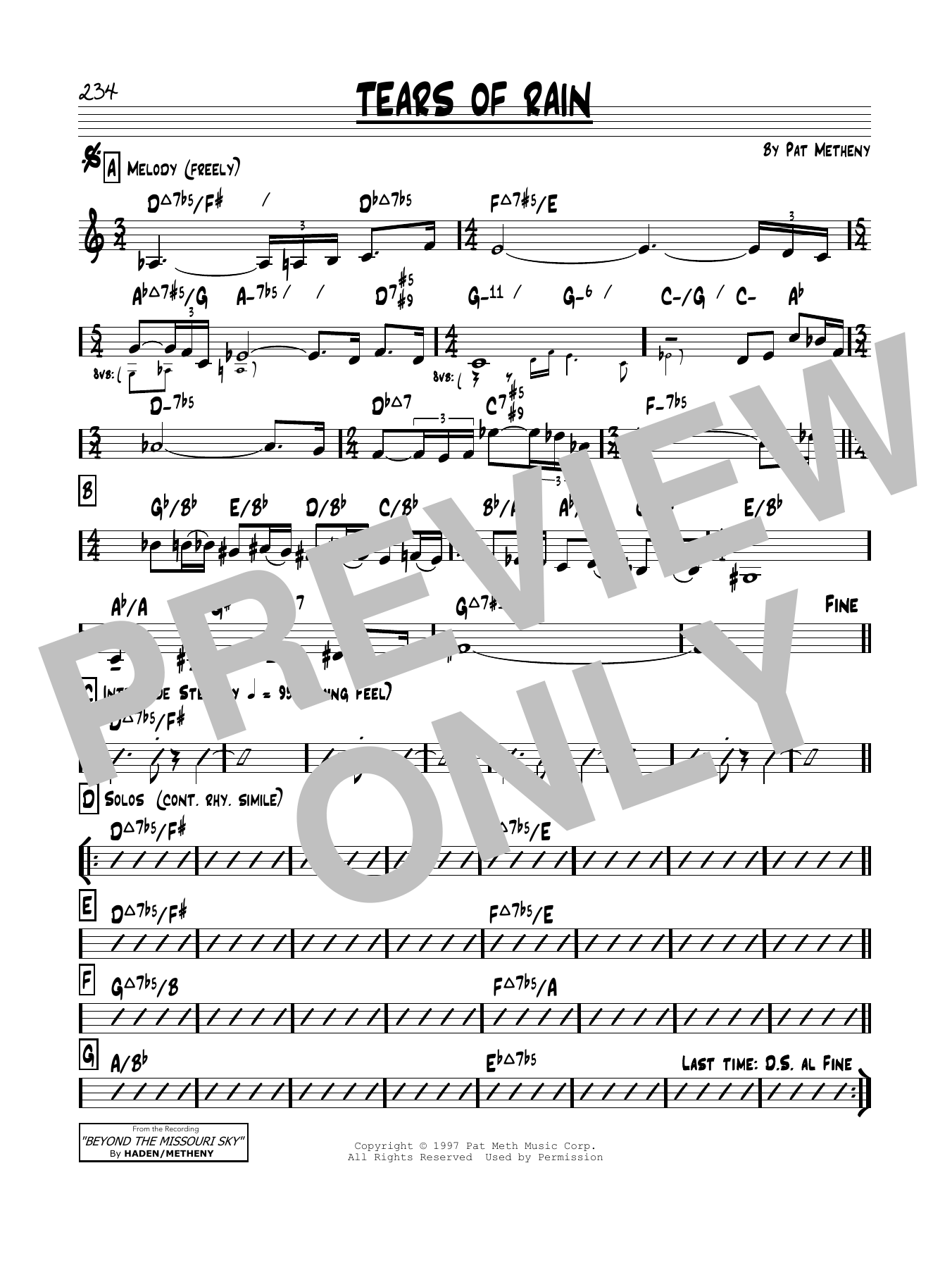Learn to play Pat Metheny Tears Of Rain sheet music for Real Book – Melody & Chords in minutes. Price: 5.9900$ Pat Metheny Tears Of Rain sheet music notes and chords arranged for Real Book – Melody & Chords