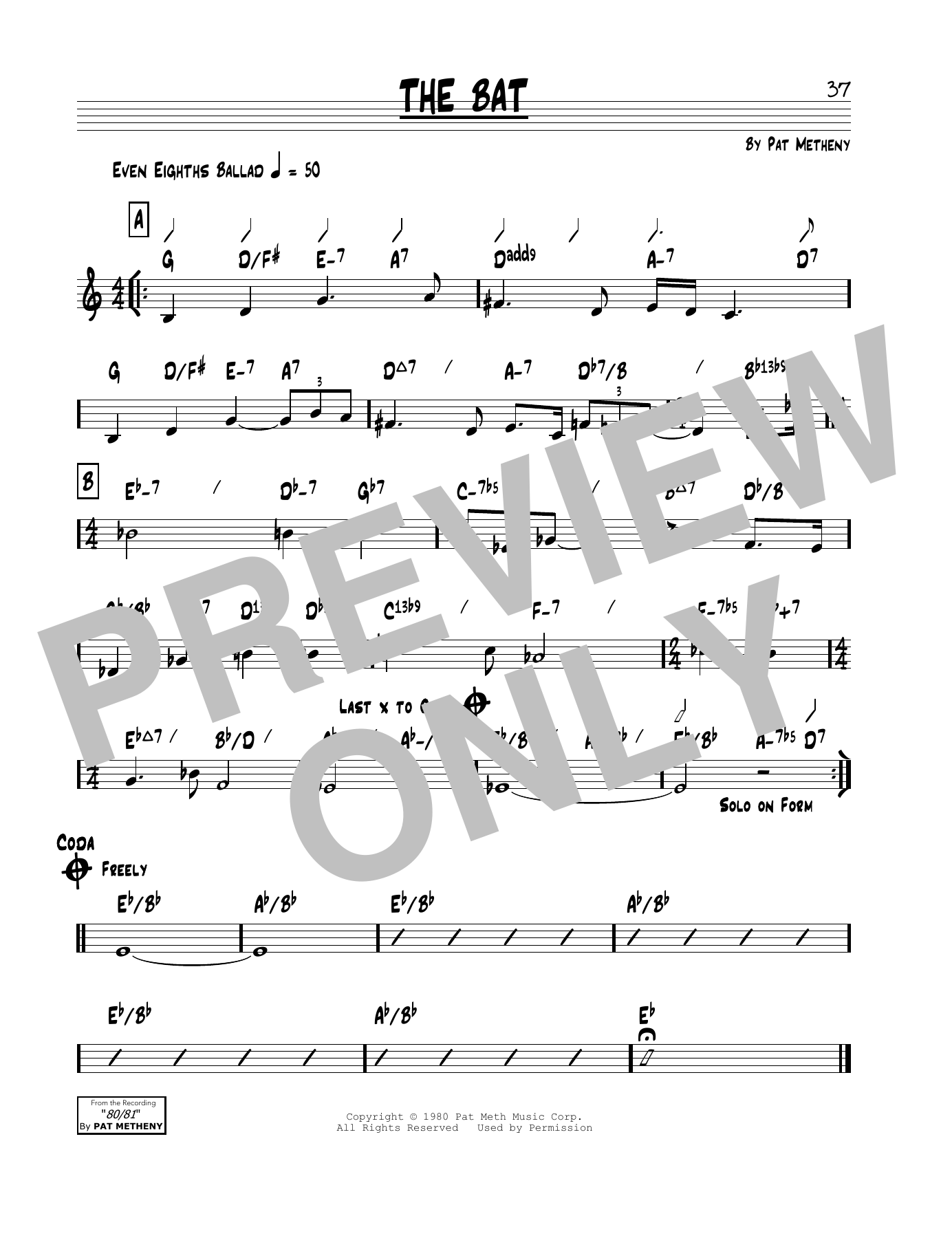 Learn to play Pat Metheny The Bat sheet music for Real Book – Melody & Chords in minutes. Price: 5.9900$ Pat Metheny The Bat sheet music notes and chords arranged for Real Book – Melody & Chords