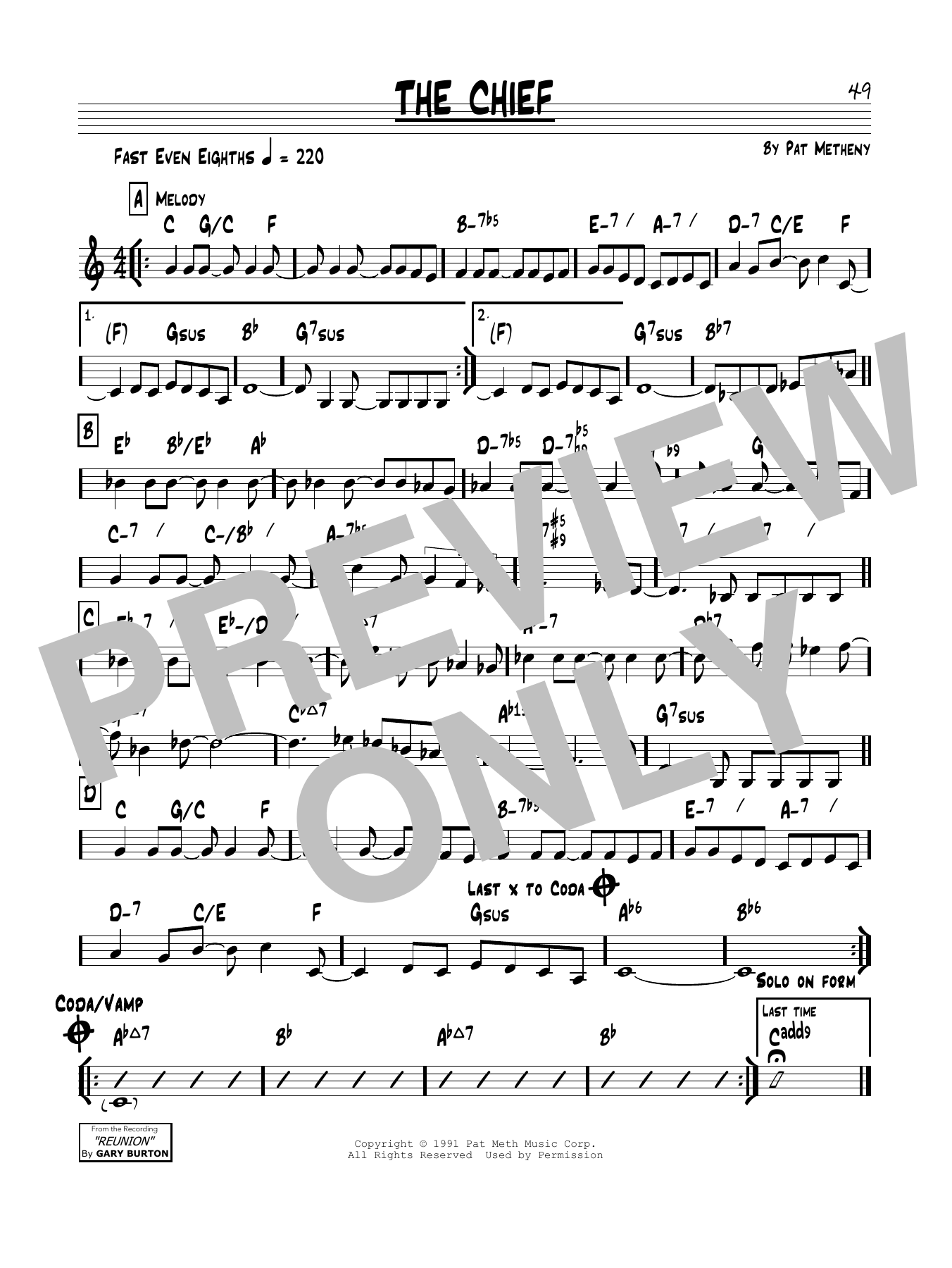 Learn to play Pat Metheny The Chief sheet music for Real Book – Melody & Chords in minutes. Price: 5.9900$ Pat Metheny The Chief sheet music notes and chords arranged for Real Book – Melody & Chords