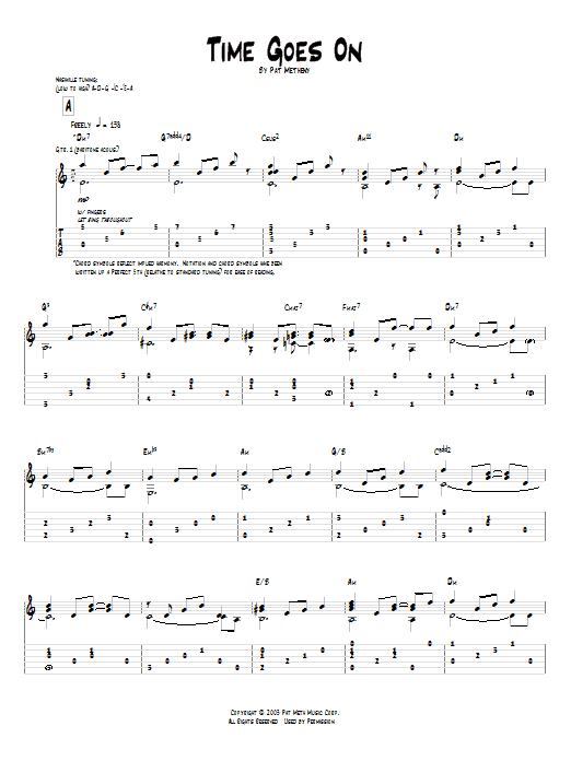 Learn to play Pat Metheny Time Goes On sheet music for Guitar Tab in minutes. Price: 7.8900$ Pat Metheny Time Goes On sheet music notes and chords arranged for Guitar Tab