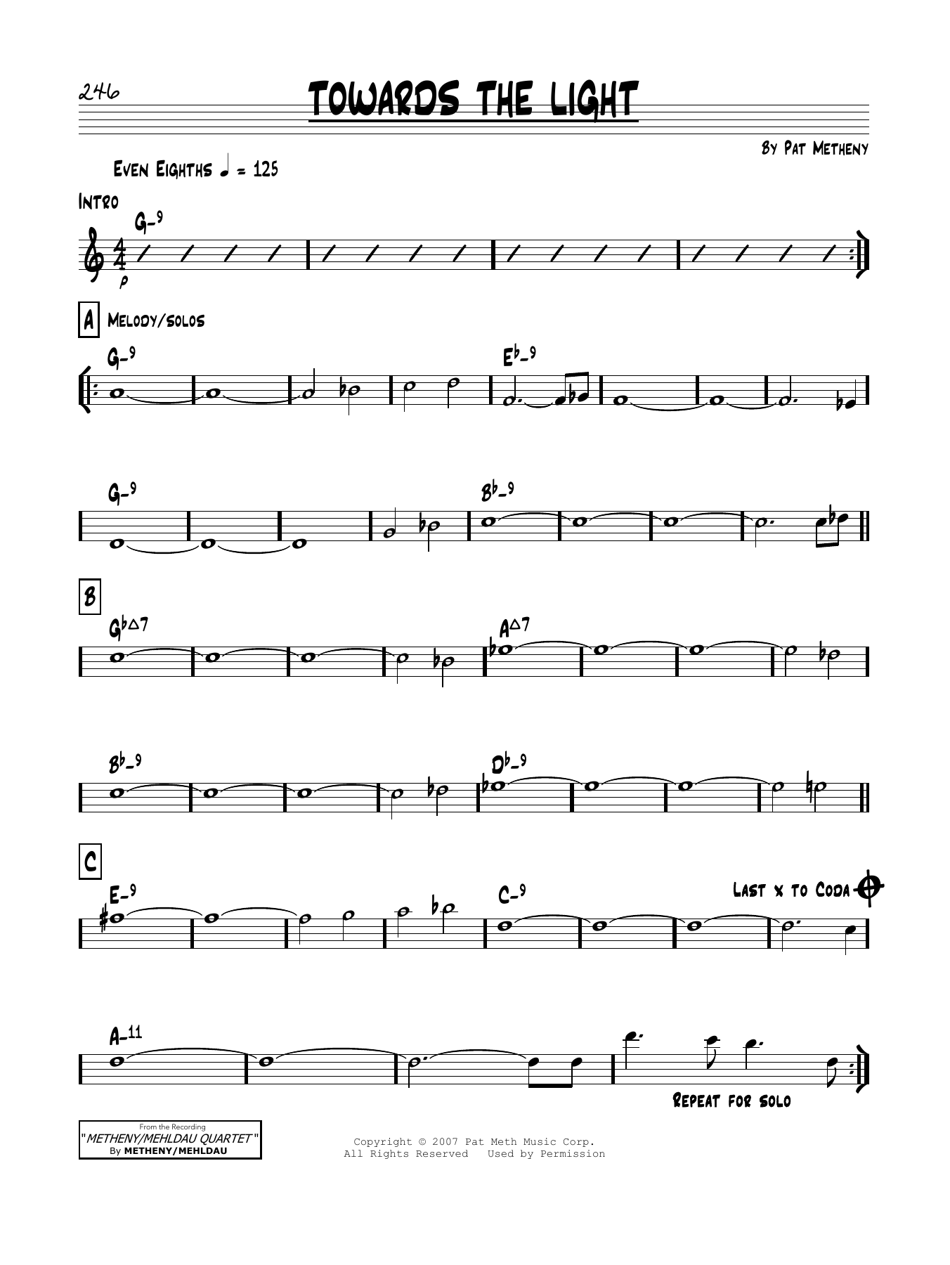 Learn to play Pat Metheny Towards The Light sheet music for Real Book – Melody & Chords in minutes. Price: 5.9900$ Pat Metheny Towards The Light sheet music notes and chords arranged for Real Book – Melody & Chords
