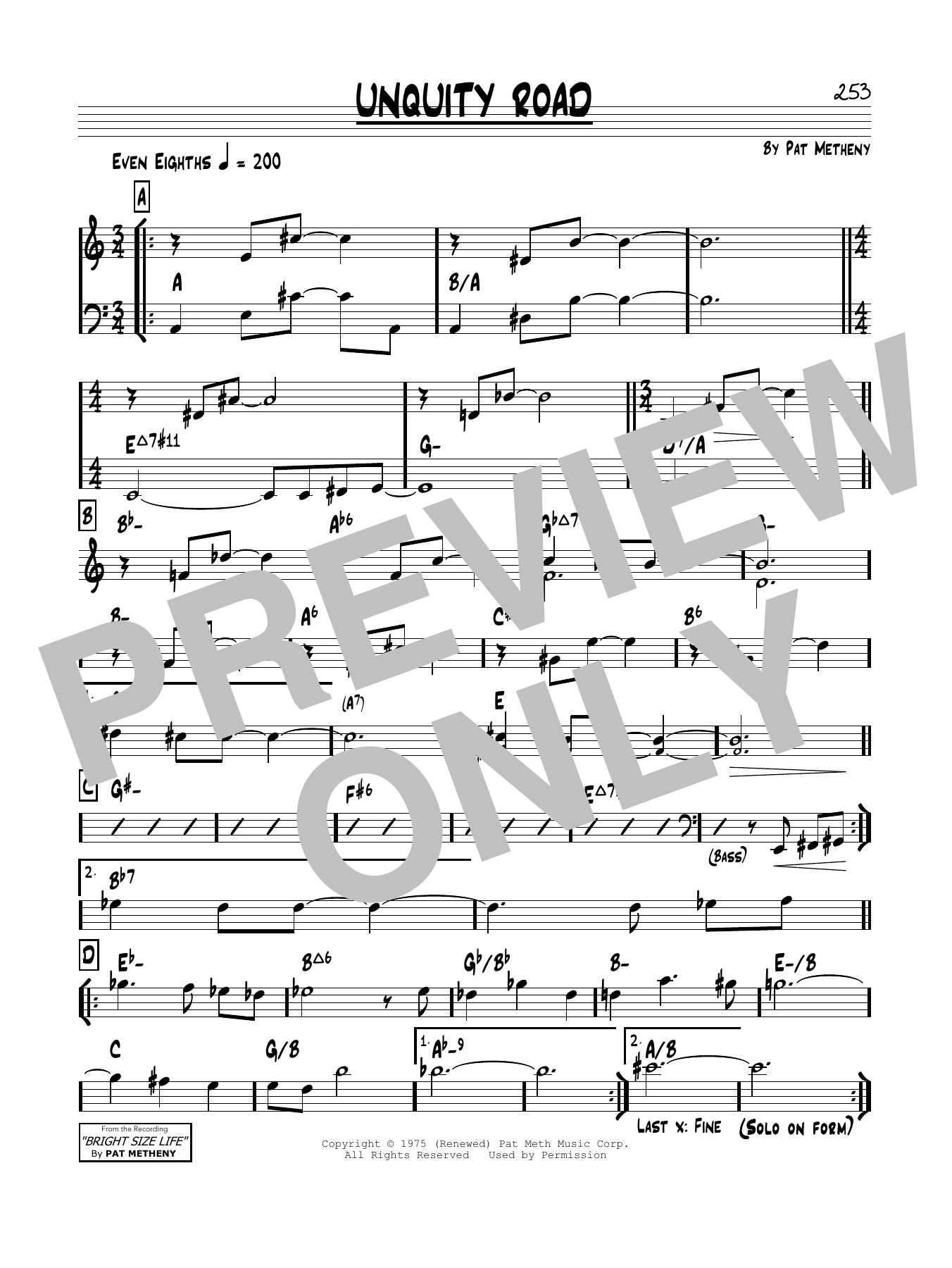 Pat Metheny Unquity Road sheet music notes and chords. Download Printable PDF.