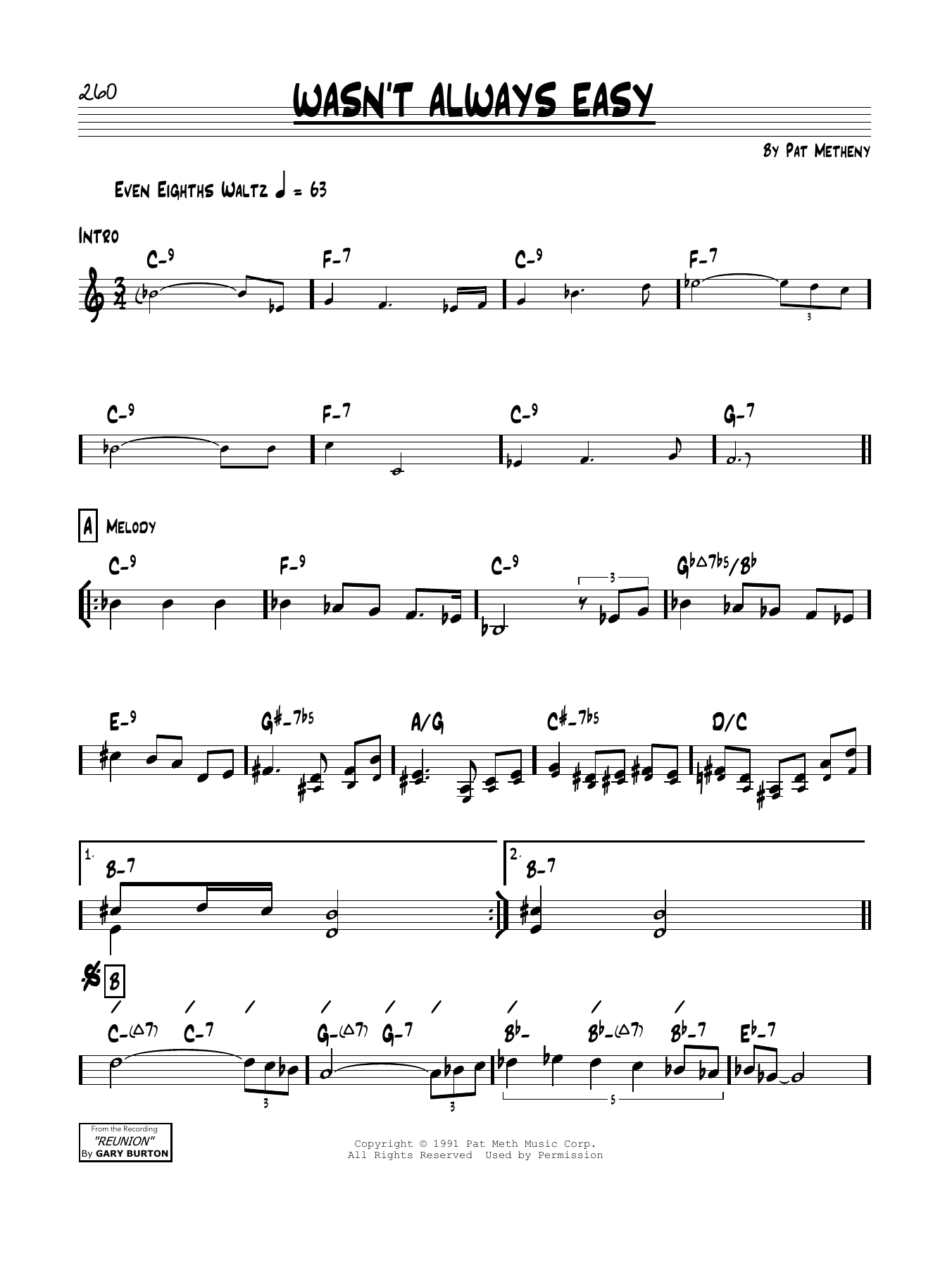 Learn to play Pat Metheny Wasn't Always Easy sheet music for Real Book – Melody & Chords in minutes. Price: 5.9900$ Pat Metheny Wasn't Always Easy sheet music notes and chords arranged for Real Book – Melody & Chords