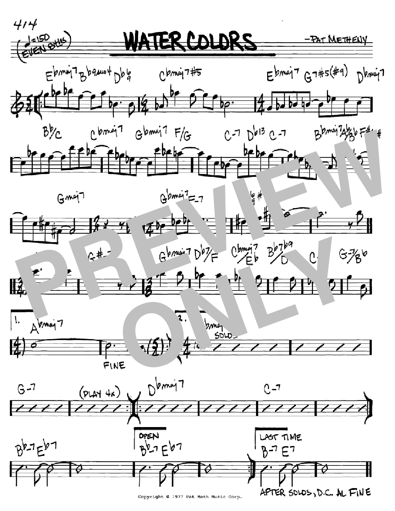 Learn to play Pat Metheny Watercolors sheet music for Real Book – Melody & Chords – C Instruments in minutes. Price: 5.9900$ Pat Metheny Watercolors sheet music notes and chords arranged for Real Book – Melody & Chords – C Instruments