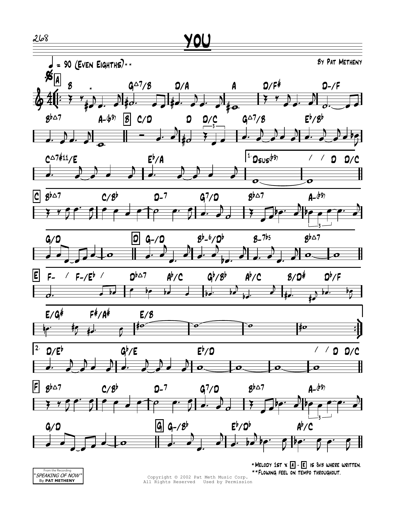 Learn to play Pat Metheny You sheet music for Real Book – Melody & Chords in minutes. Price: 5.9900$ Pat Metheny You sheet music notes and chords arranged for Real Book – Melody & Chords