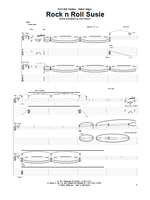 Learn to play Pat Travers Rock N Roll Susie sheet music for Guitar Tab in minutes. Price: 7.8900$ Pat Travers Rock N Roll Susie sheet music notes and chords arranged for Guitar Tab