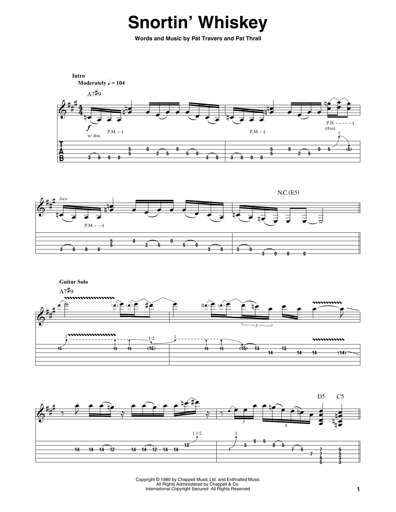 Pat Travers Snortin' Whiskey sheet music notes and chords. Download Printable PDF.