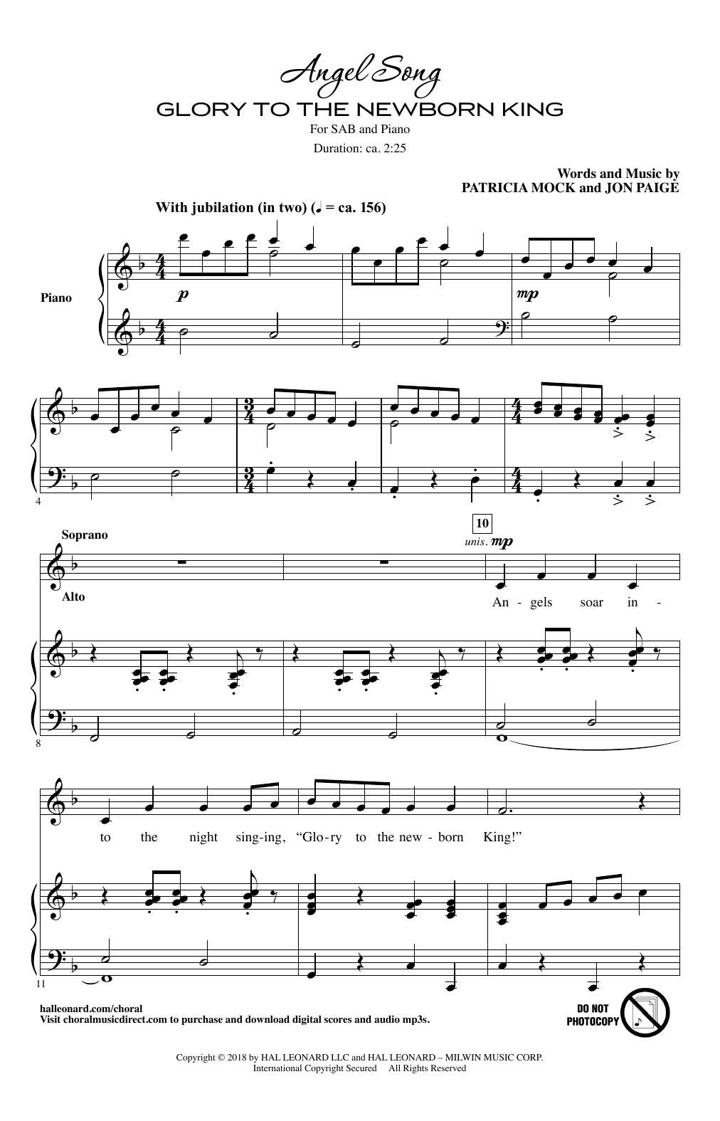 Patricia Mock Angel Song (Glory To The Newborn King) sheet music notes and chords. Download Printable PDF.