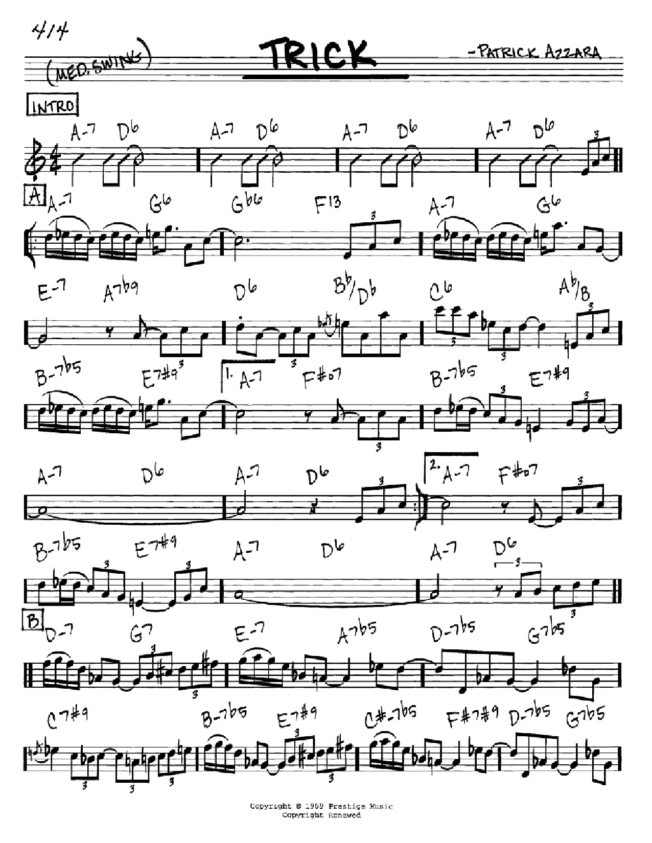 Learn to play Patrick Azzara Trick sheet music for Real Book – Melody & Chords – C Instruments in minutes. Price: 5.9900$ Patrick Azzara Trick sheet music notes and chords arranged for Real Book – Melody & Chords – C Instruments