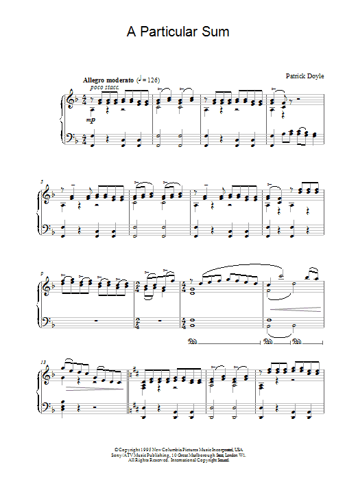 Learn to play Patrick Doyle A Particular Sum (from Sense And Sensibility) sheet music for Piano Solo in minutes. Price: 7.8900$ Patrick Doyle A Particular Sum (from Sense And Sensibility) sheet music notes and chords arranged for Piano Solo