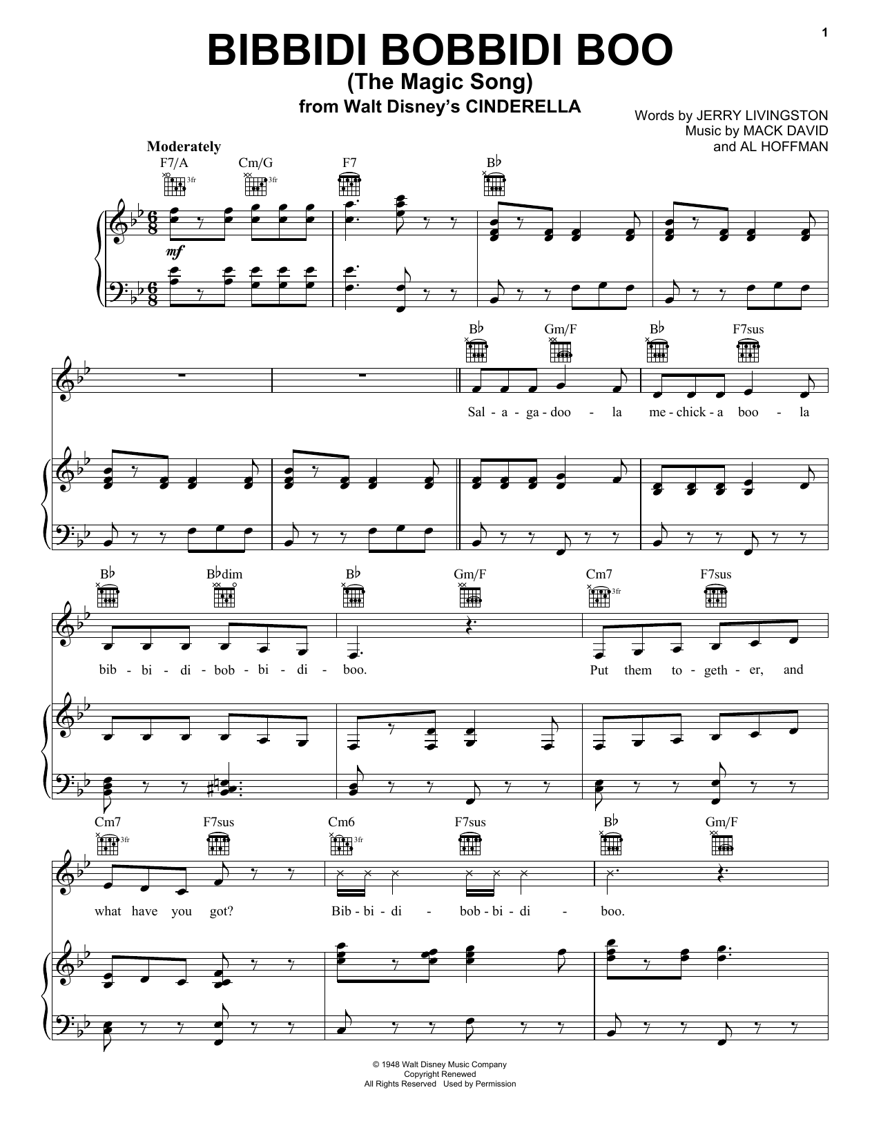 Learn to play Mack David Bibbidi-Bobbidi-Boo (The Magic Song) sheet music for Piano, Vocal & Guitar Chords (Right-Hand Melody) in minutes. Price: 7.8900$ Mack David Bibbidi-Bobbidi-Boo (The Magic Song) sheet music notes and chords arranged for Piano, Vocal & Guitar Chords (Right-Hand Melody)