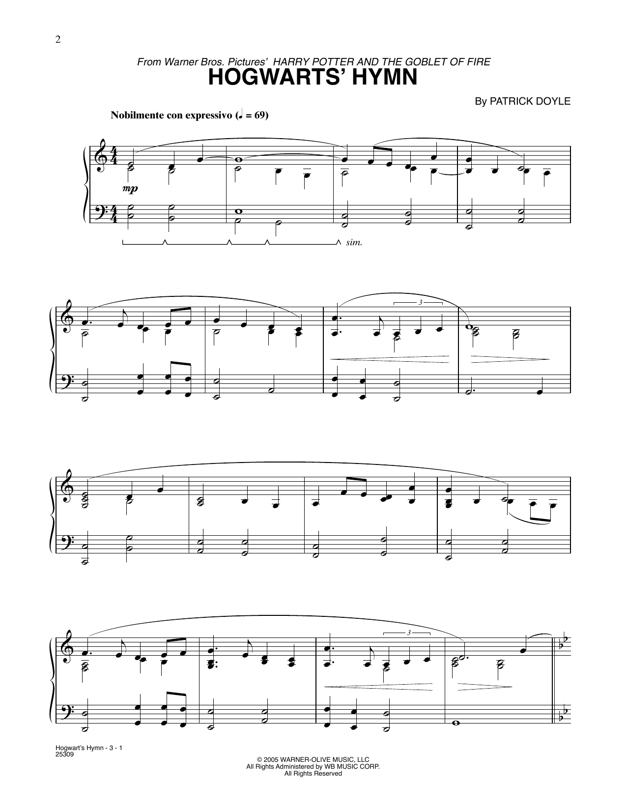 Patrick Doyle Hogwarts' Hymn (from Harry Potter) sheet music notes and chords. Download Printable PDF.