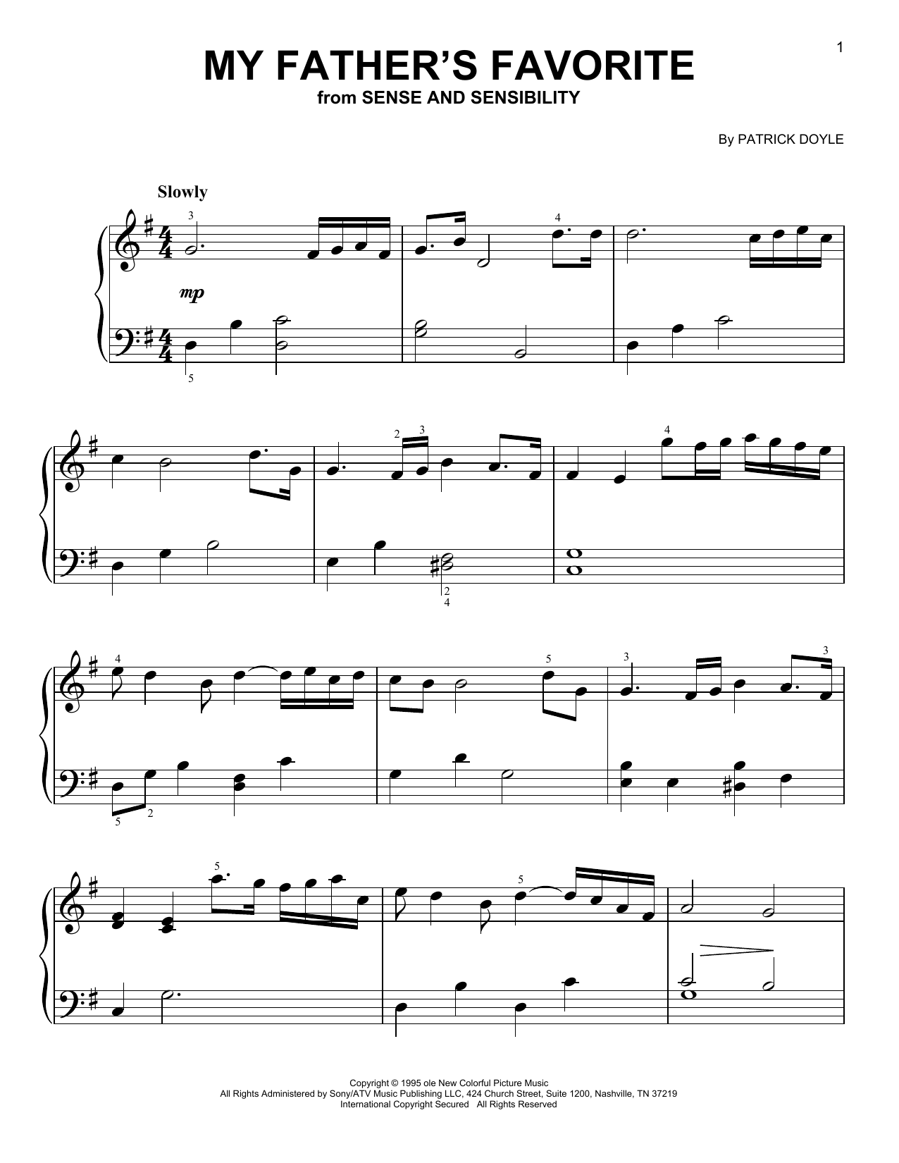 Patrick Doyle My Father's Favorite (from Sense and Sensibility) sheet music notes and chords. Download Printable PDF.