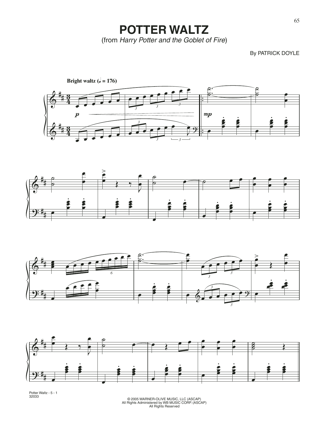 Patrick Doyle Potter Waltz (from Harry Potter And The Goblet Of Fire) sheet music notes and chords. Download Printable PDF.