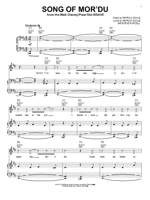 Patrick Doyle Song Of Mor'Du sheet music notes and chords arranged for Piano, Vocal & Guitar Chords (Right-Hand Melody)