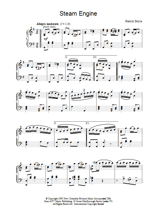 Learn to play Patrick Doyle Steam Engine (from Sense And Sensibility) sheet music for Piano Solo in minutes. Price: 7.8900$ Patrick Doyle Steam Engine (from Sense And Sensibility) sheet music notes and chords arranged for Piano Solo