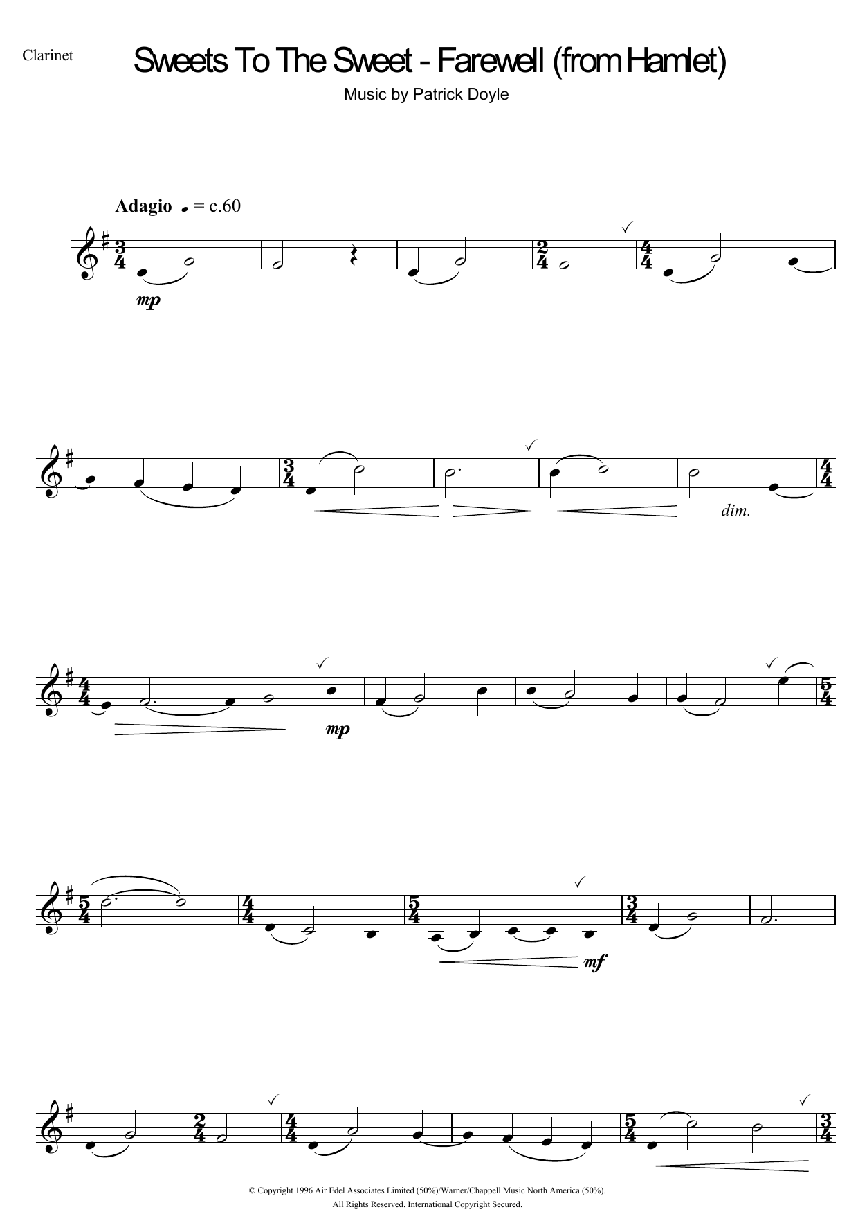 Patrick Doyle Sweets To The Sweet - Farewell (from Hamlet) sheet music notes and chords. Download Printable PDF.