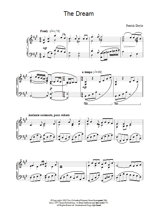 Learn to play Patrick Doyle The Dreame (from Sense And Sensibility) sheet music for Piano Solo in minutes. Price: 7.8900$ Patrick Doyle The Dreame (from Sense And Sensibility) sheet music notes and chords arranged for Piano Solo