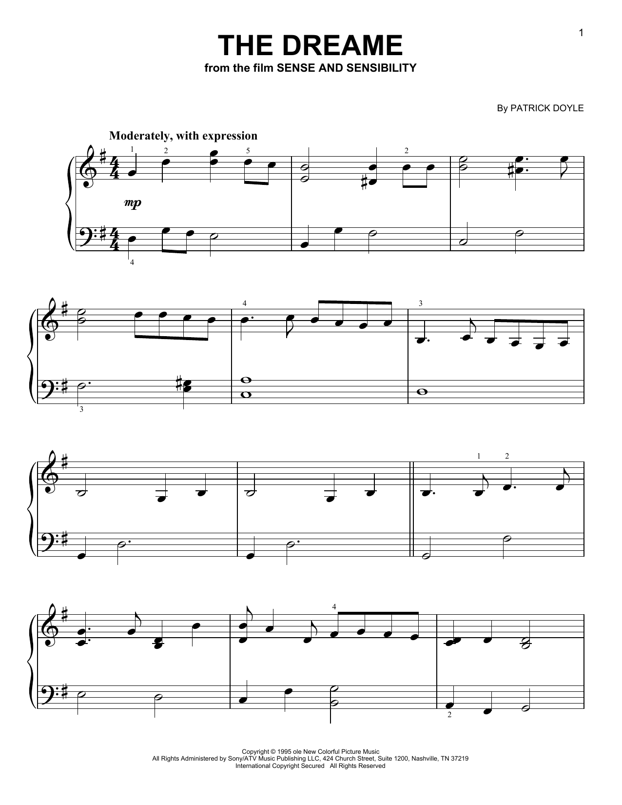 Patrick Doyle The Dreame (from Sense and Sensibility) sheet music notes and chords. Download Printable PDF.