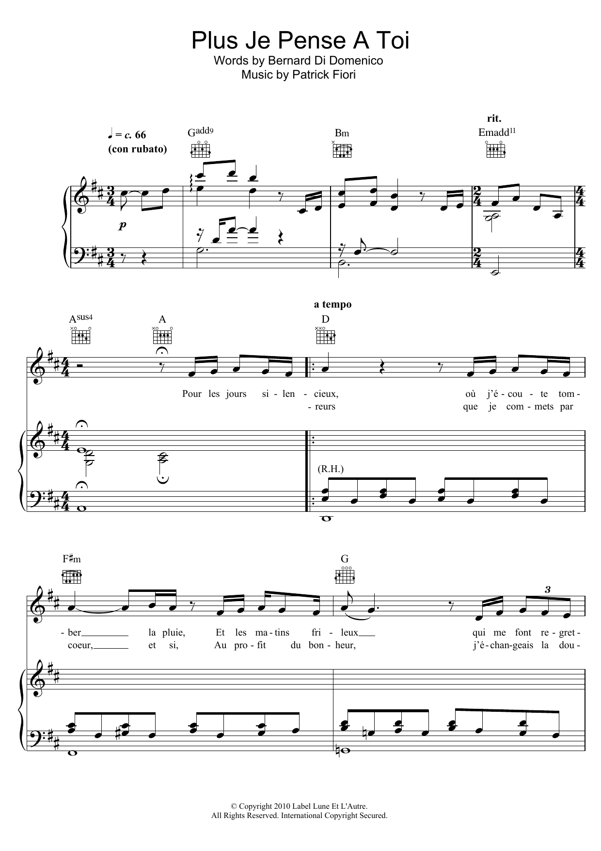 Learn to play Patrick Fiori Plus Je Pense A Toi sheet music for Piano, Vocal & Guitar Chords in minutes. Price: 7.8900$ Patrick Fiori Plus Je Pense A Toi sheet music notes and chords arranged for Piano, Vocal & Guitar Chords