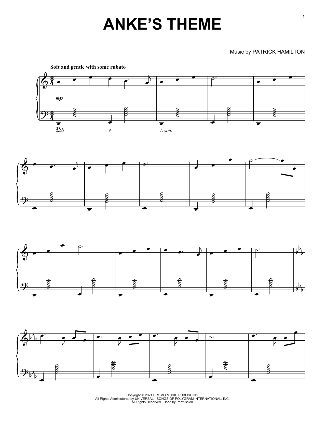 Patrick Hamilton Anke's Theme sheet music notes and chords. Download Printable PDF.