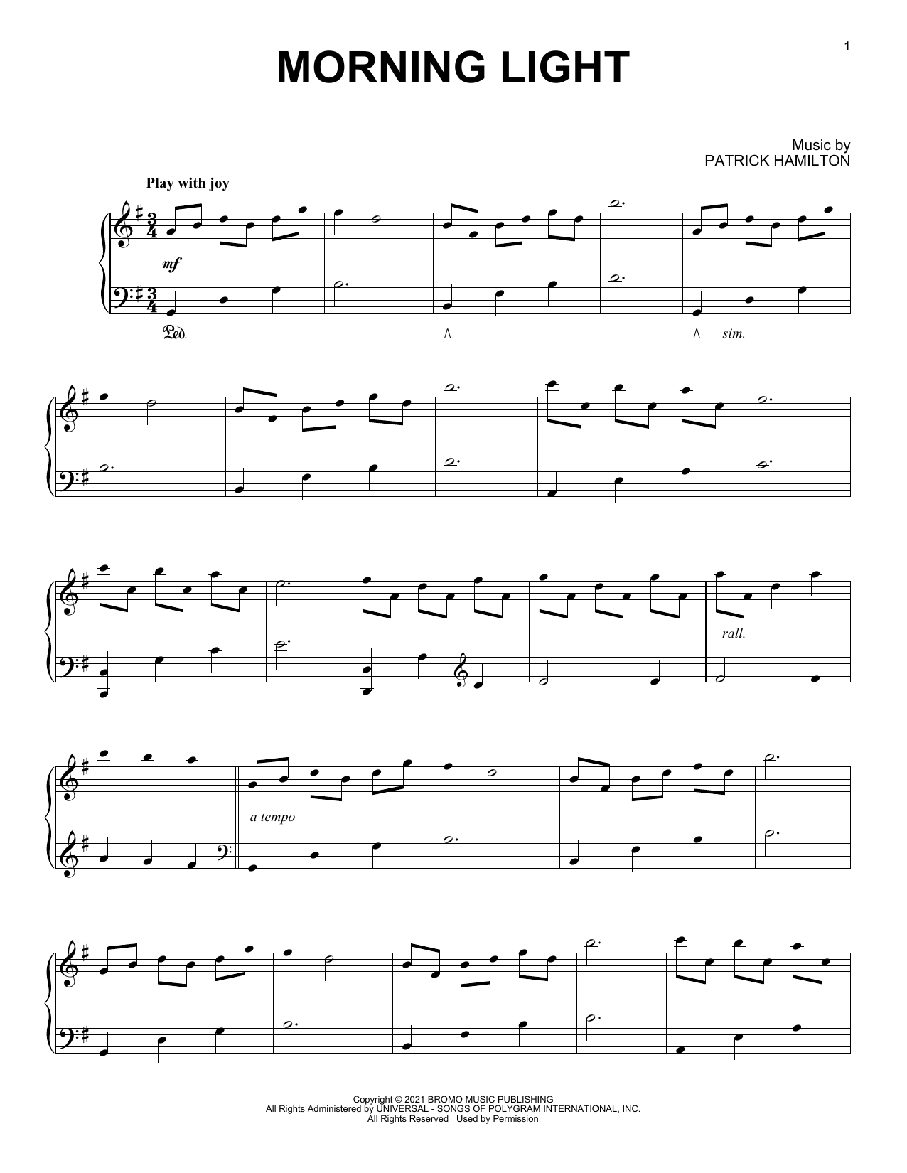 Patrick Hamilton Morning Light sheet music notes and chords. Download Printable PDF.