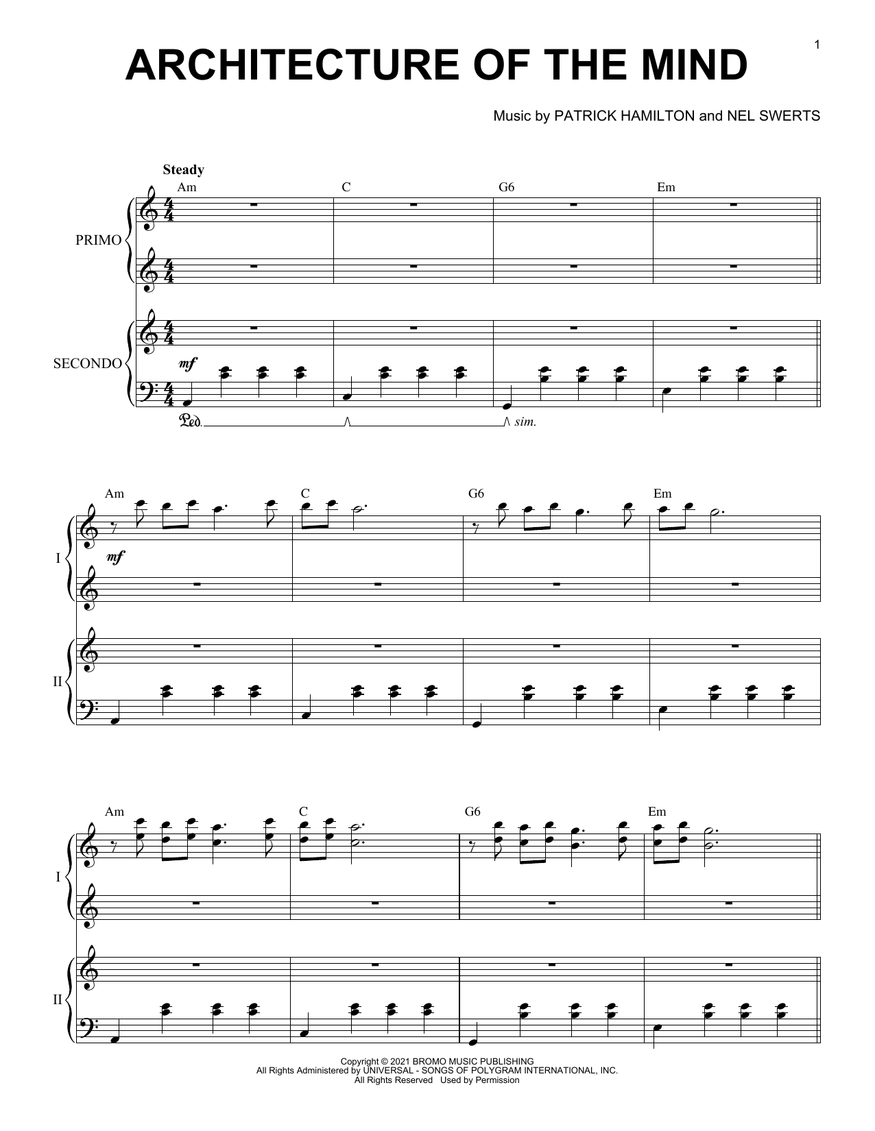 Learn to play Patrick Hamilton & Nel Swerts Architecture of the Mind sheet music for Piano Duet in minutes. Price: 7.8900$ Patrick Hamilton & Nel Swerts Architecture of the Mind sheet music notes and chords arranged for Piano Duet