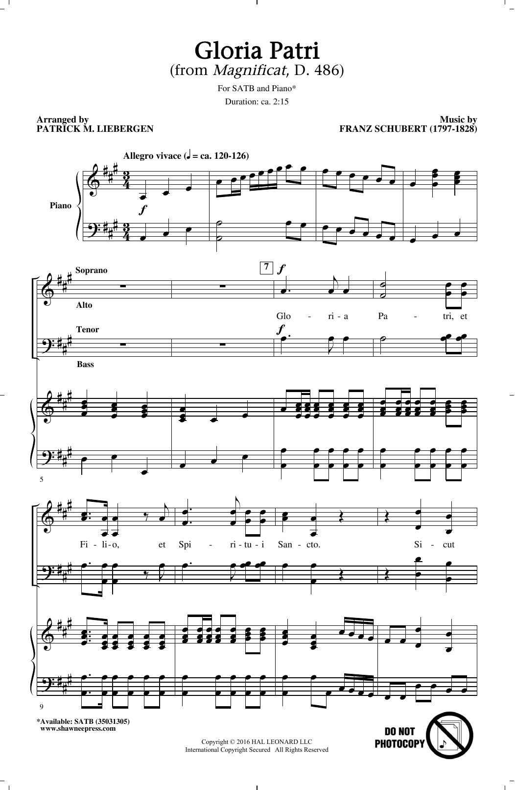 Franz Schubert Gloria Patri (arr. Patrick M. Liebergen) sheet music notes and chords arranged for SATB Choir