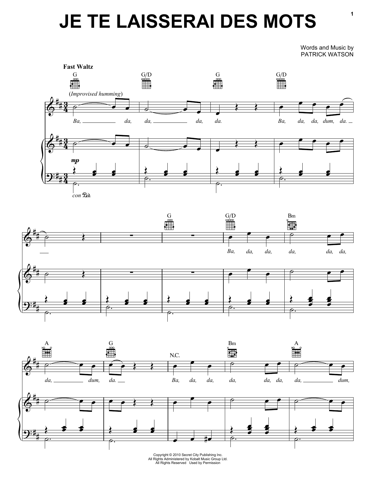 Patrick Watson Je Te Laisserai Des Mots sheet music notes and chords. Download Printable PDF.