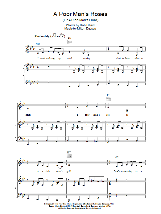 Learn to play Patsy Cline A Poor Man's Roses sheet music for Piano, Vocal & Guitar Chords in minutes. Price: 7.8900$ Patsy Cline A Poor Man's Roses sheet music notes and chords arranged for Piano, Vocal & Guitar Chords