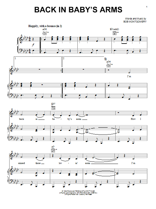 Patsy Cline Back In Baby's Arms sheet music notes and chords. Download Printable PDF.