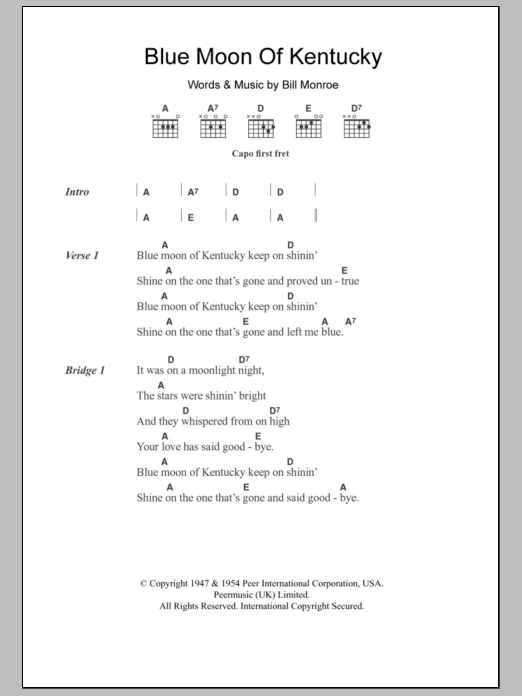 Patsy Cline Blue Moon Of Kentucky sheet music notes and chords. Download Printable PDF.