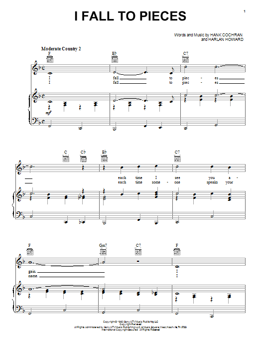 Patsy Cline I Fall To Pieces sheet music notes and chords. Download Printable PDF.