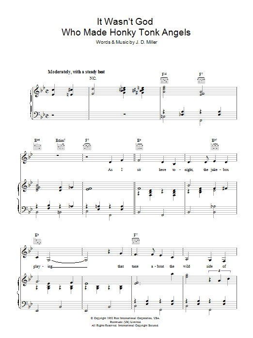 Learn to play Patsy Cline It Wasn't God Who Made Honky Tonk Angels sheet music for Piano, Vocal & Guitar Chords in minutes. Price: 7.8900$ Patsy Cline It Wasn't God Who Made Honky Tonk Angels sheet music notes and chords arranged for Piano, Vocal & Guitar Chords